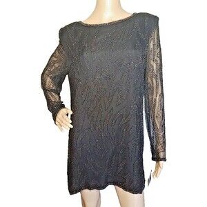 NWT Vintage Papell Boutique Evening Wear Beaded Black Silk Tunic Top L dress